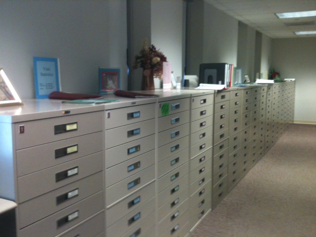 A photograph of the New Jersey Genealogy flat files.