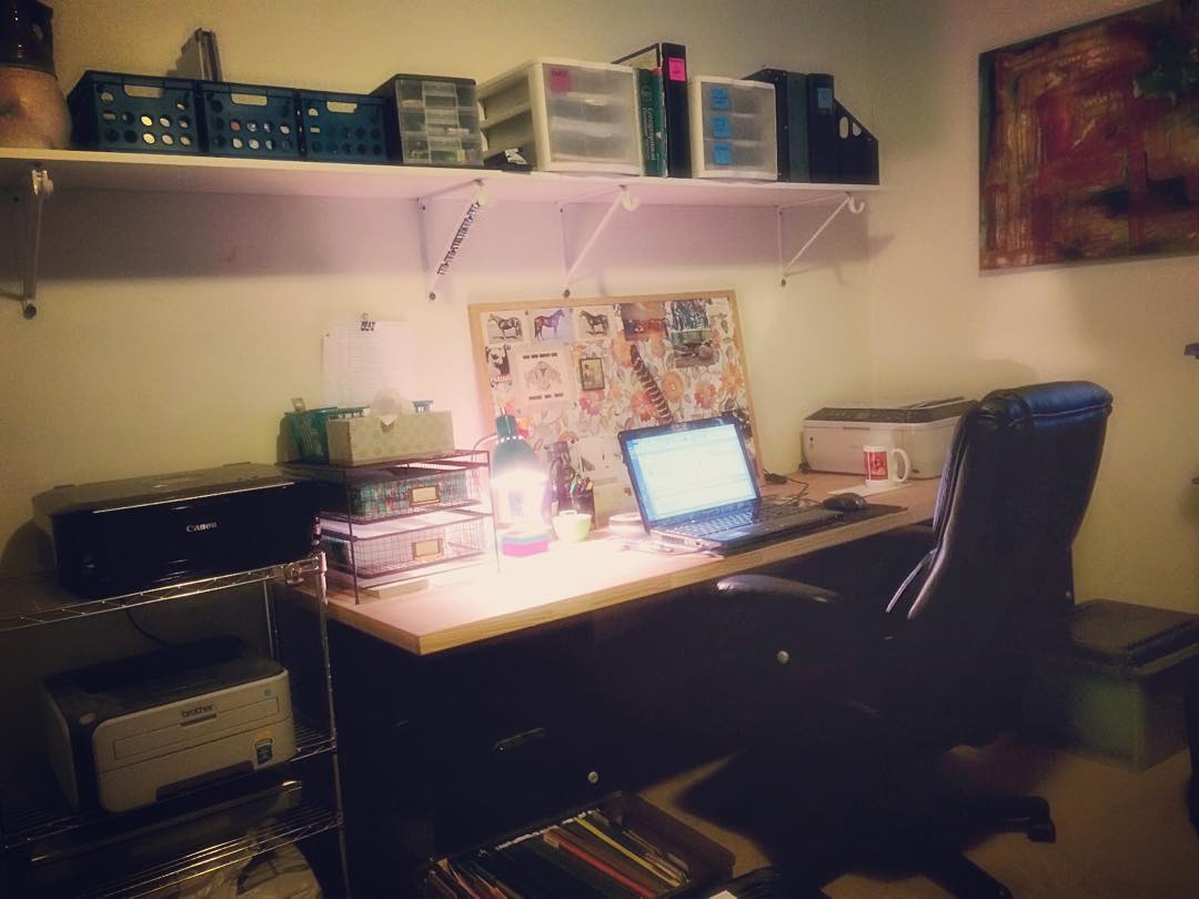 A home office setup with a desk, computer, and shelving