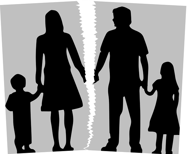 Image of a divorced family and a tear down the middle, separating parents and children going with which parent.