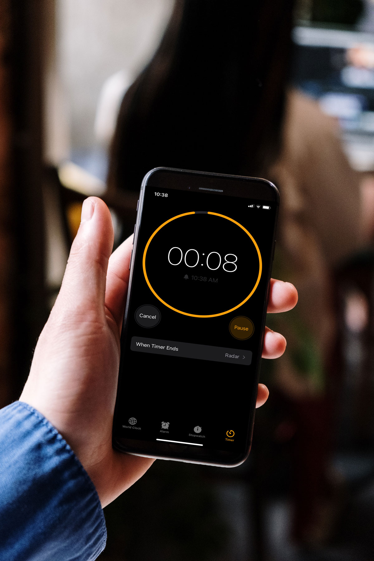 iPhone timer with 8 seconds left.