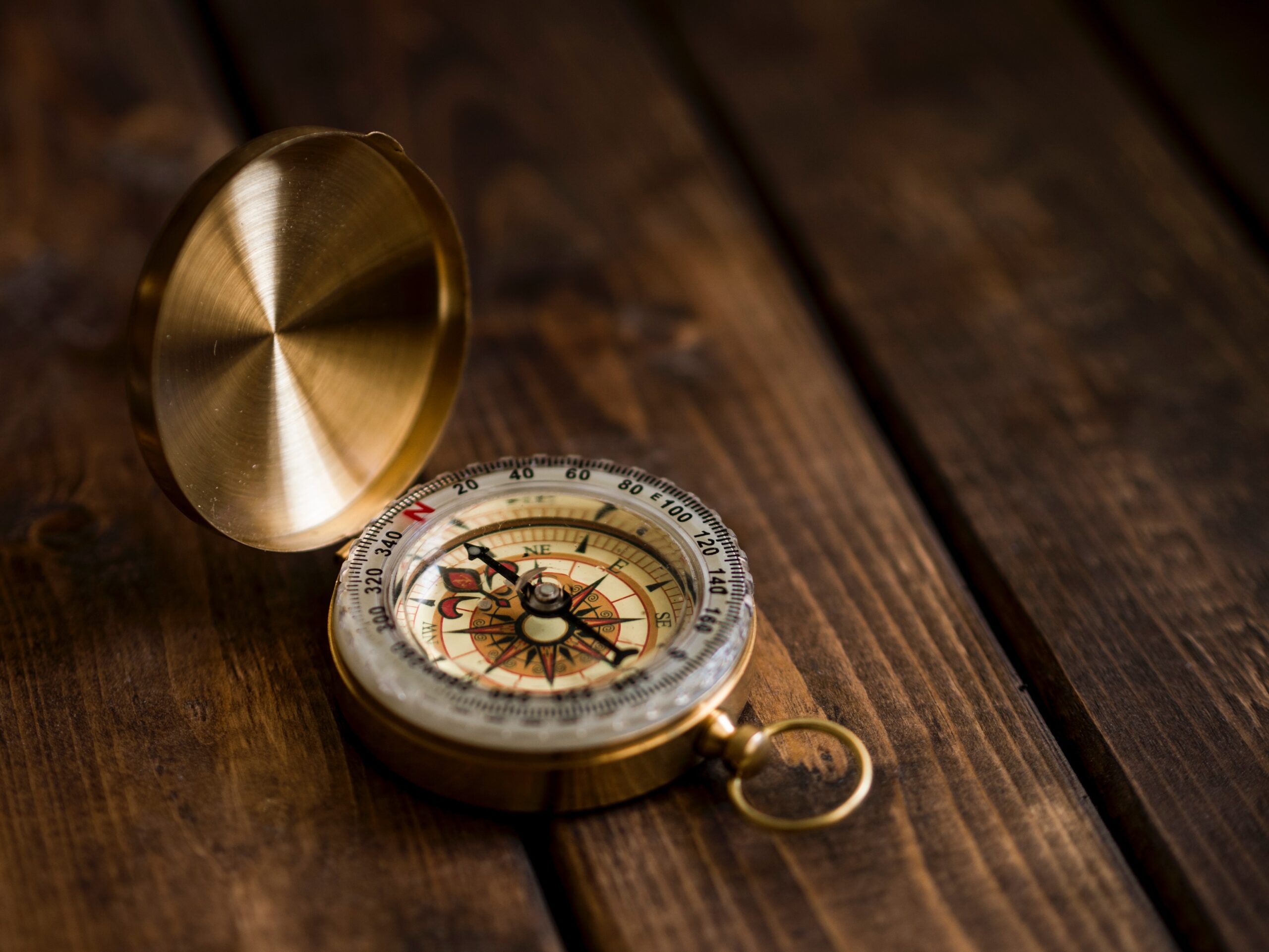 Vintage compass sitting on wooden table.
