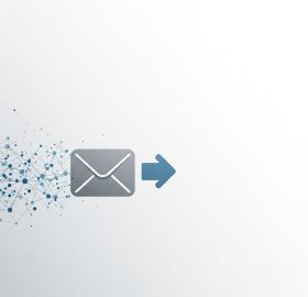 Envelope moving out of abstract dots of data, being directed by an arrow pointing right.