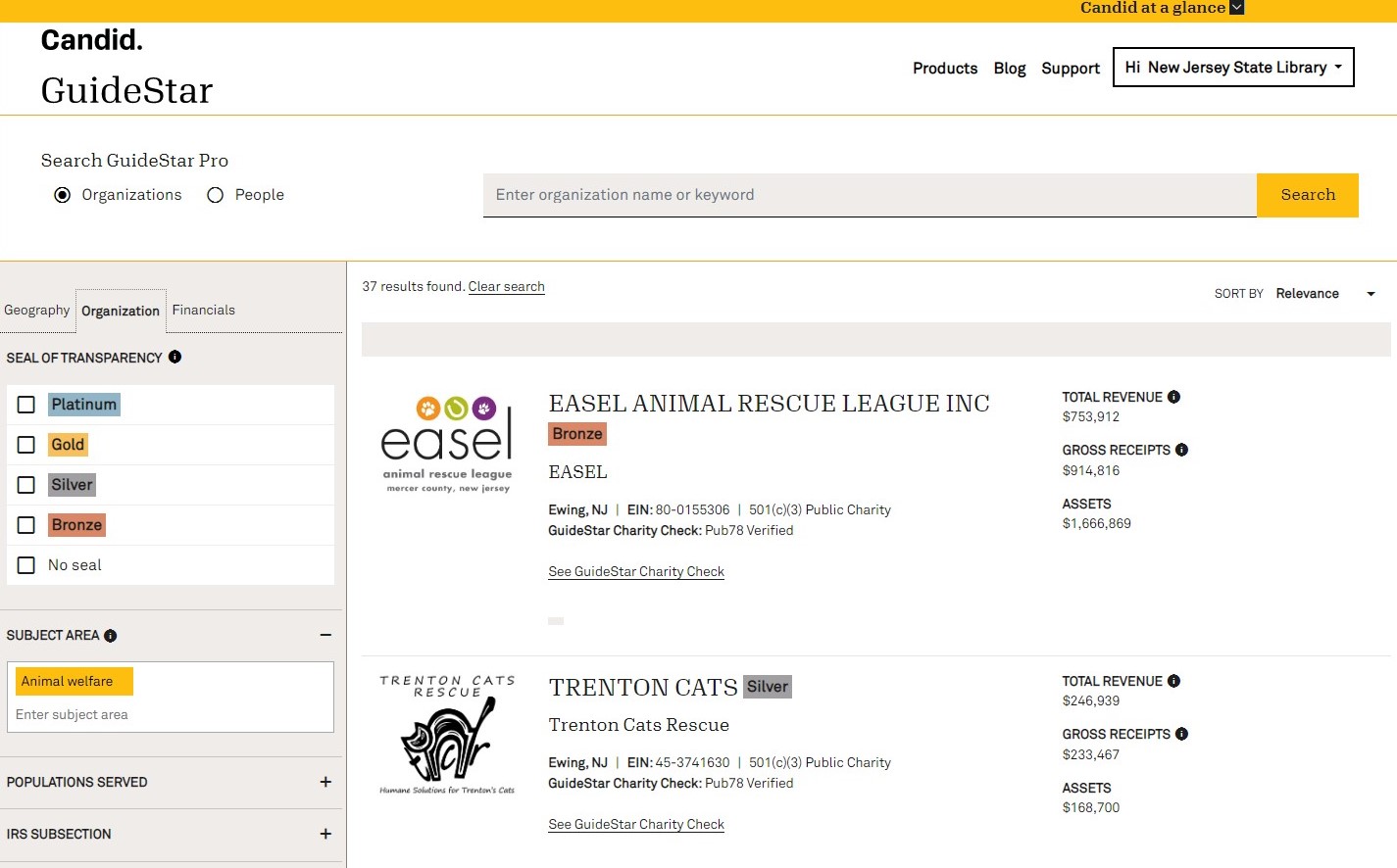 Screenshot of a search in GuideStar Pro showing search criteria and top two search results.