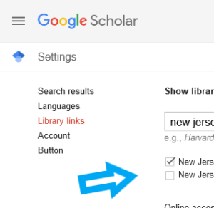 screen capture of Google scholar settings for library links
