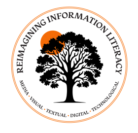 Reimagining Information Literacy logo. Image of black tree silhouette with orange sun.