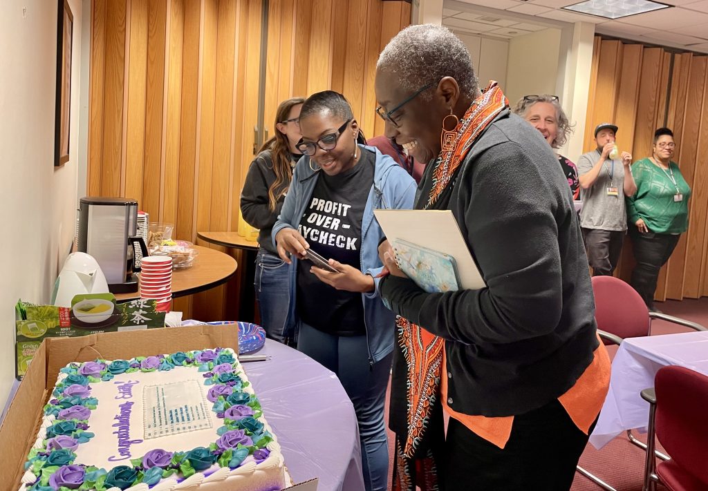 Dr. Edith Beckett at NJSL celebrating her NJAL Technical Services Award from NJLA, with library staff.