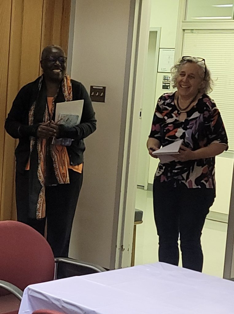 Dr. Edith Beckett at NJSL celebrating her NJAL Technical Services Award from NJLA, with Research Library Director Maria Baratta.