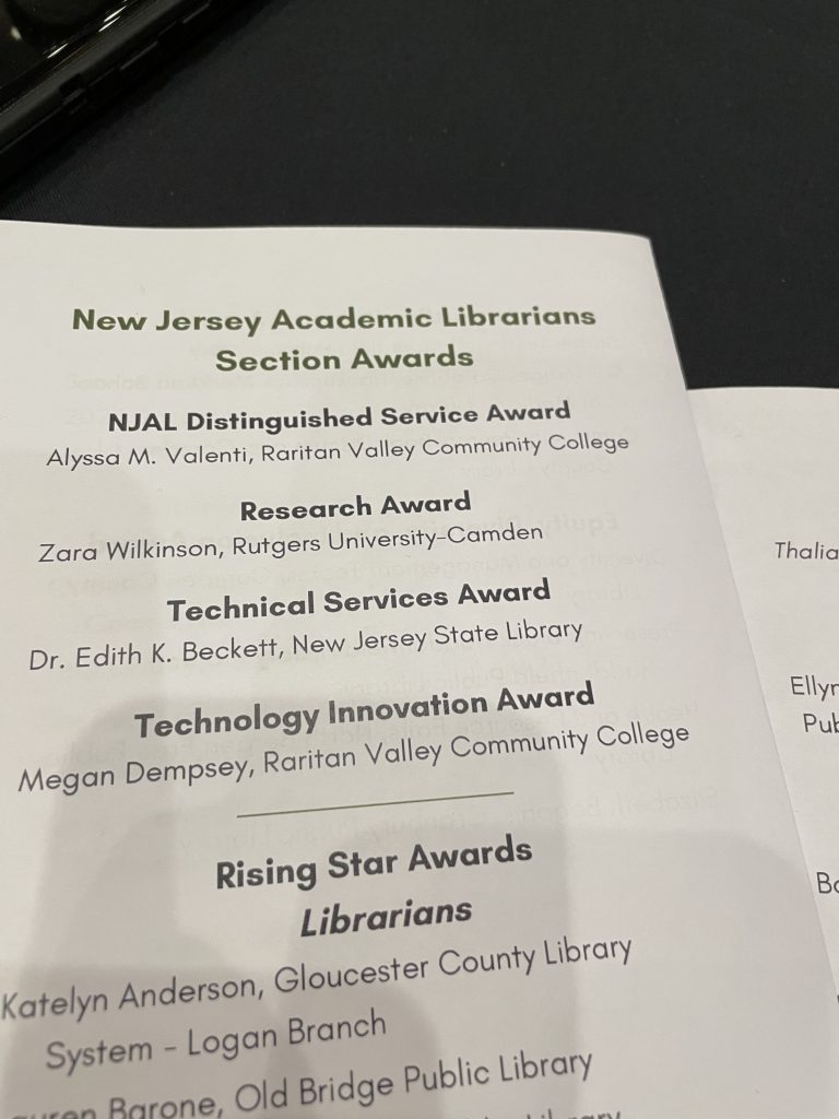 Page from the NJLA Program Book showing Dr. Edith Beckett's NJAL Technical Services Award.