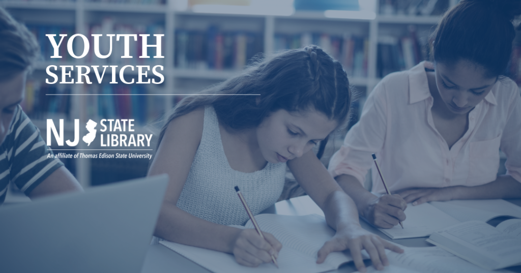 Youth Services from the NJ State Library (NJSL) Library Development Bureau. Features an sitting at a table, writing and studying, in their local library.