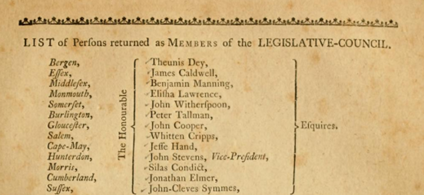 A document with text on it from the Journal of the Legislative Council of New Jersey from 1780 showing elected members.