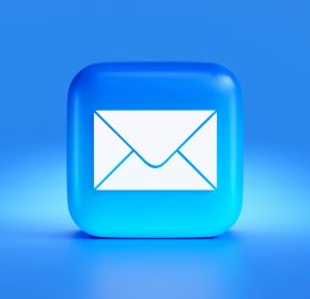 Blue background, blue icon button with white envelope in center