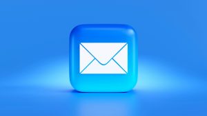 Blue background, blue icon button with white envelope in center