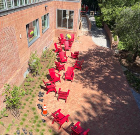 Maplewood Memorial Library's Reading patio facing Maplewood Memorial Park.