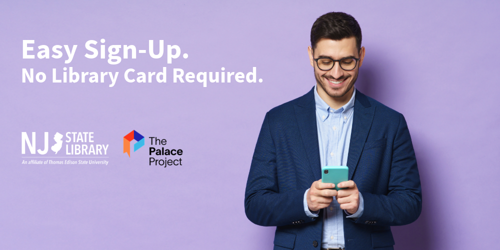 Easy Sign-Up. No Library Card Required. - NJ State Library The Palace Project. Horizontal banner of young business man wearing glasses and formal clothes, reading on his phone, smiling happily at screen, isolated on purple background.