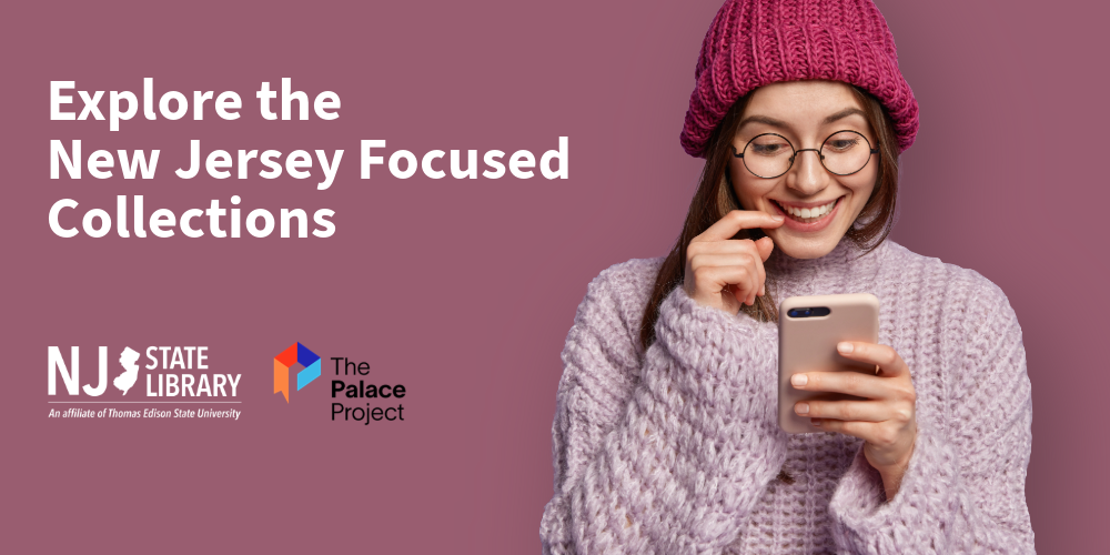 Explore the New Jersey Focused Collections - NJ State Library The Palace Project. Photo of a woman in fashionable oversized sweater and hat, holding a mobile phone, reading, smiles, wearing round spectacles, isolated over a purple background.