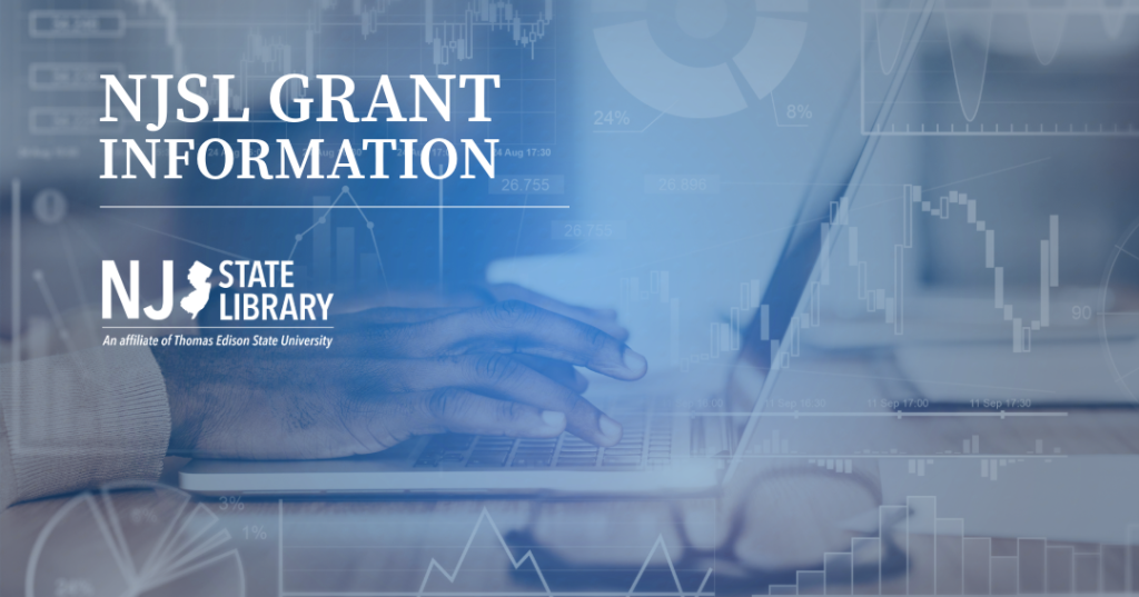 NJSL Grant Information Page - Features a person at a laptop going over various records, and documentation with charts floating over the image.