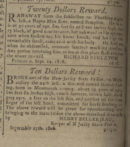 Runaway slave ad from the Trenton Federalist